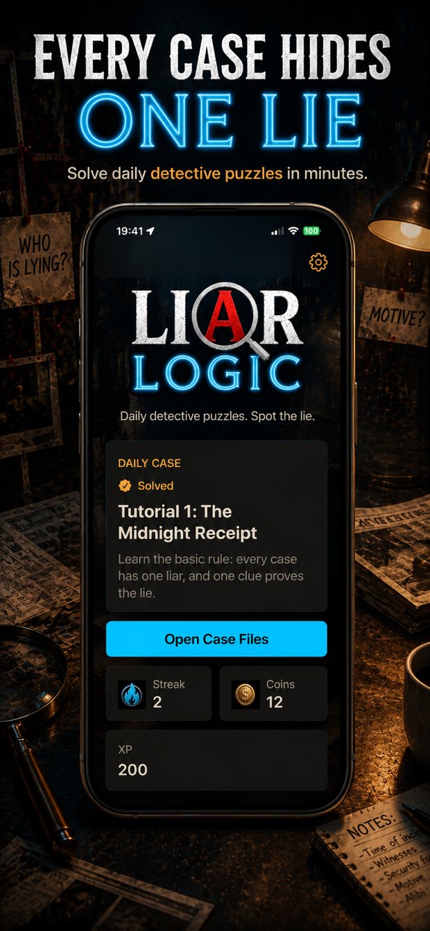 Liar Logic App Store screenshot showing the daily case and the headline Every Case Hides One Lie