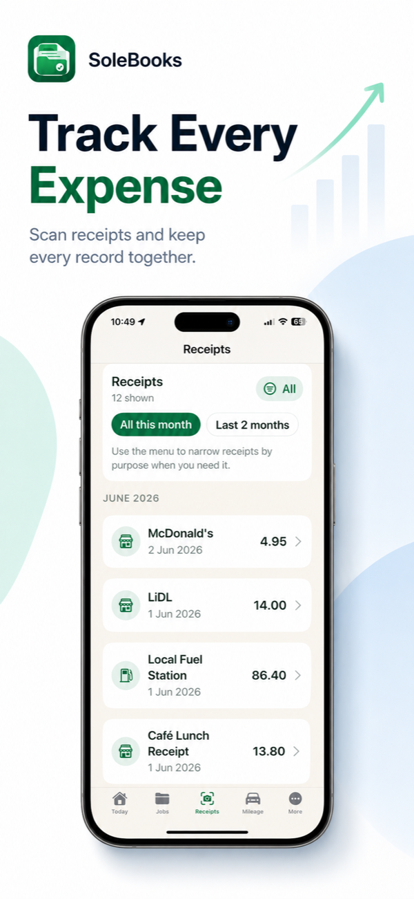 SoleBooks receipt list with date filters and receipt entries