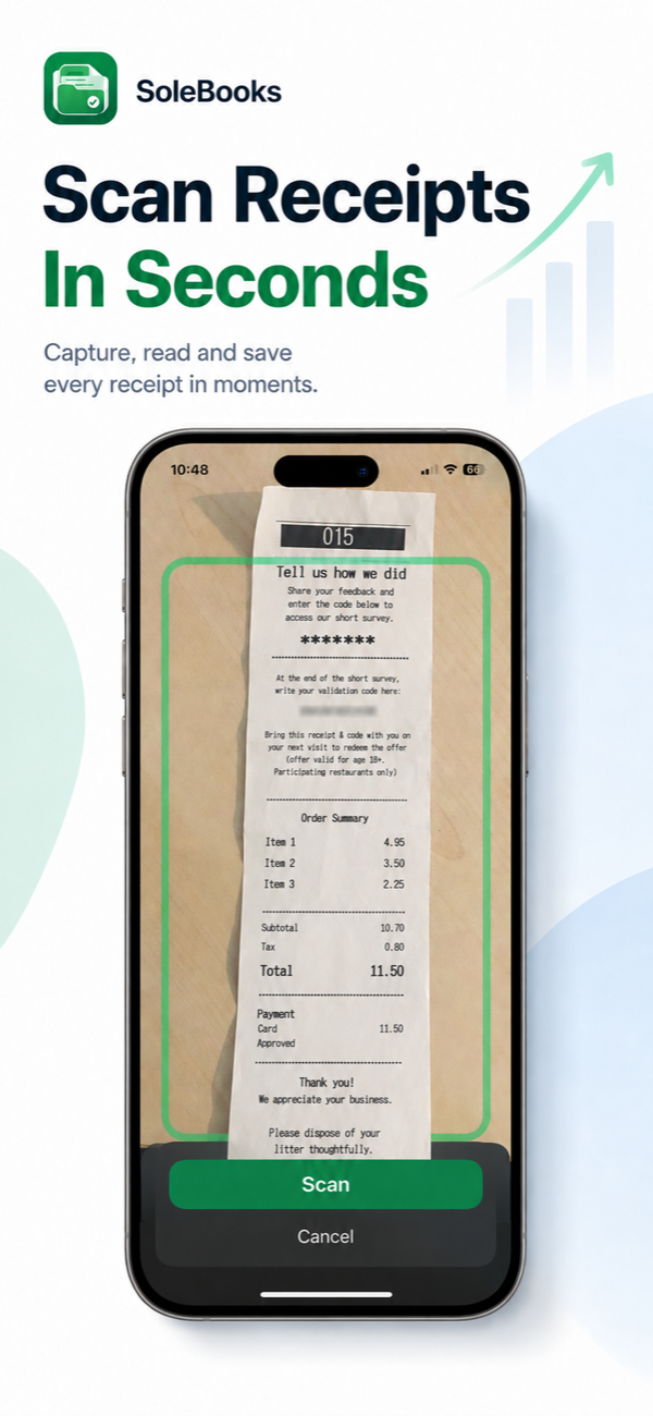 SoleBooks receipt scanner showing a receipt inside the capture frame