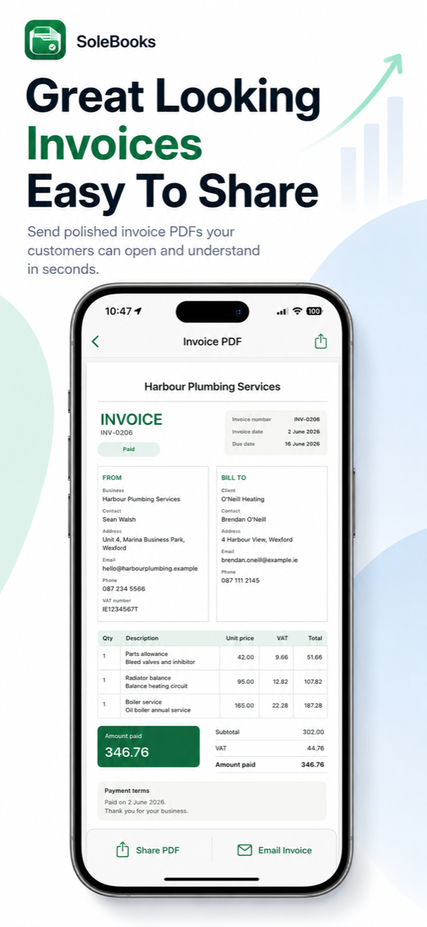 SoleBooks invoice PDF screen with share options
